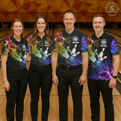 Bowling team wearing matching colorful rainbow thunder lightning bowling team jerseys featuring vivid lightning graphics, front view.