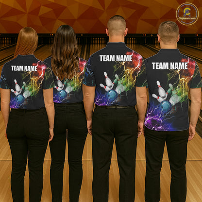 Bowling team wearing matching colorful rainbow thunder lightning bowling team jerseys featuring vivid lightning graphics, back view.