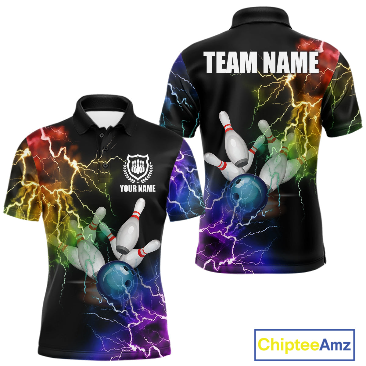 Colorful rainbow thunder lightning bowling team jersey polo shirt for men featuring vibrant multicolor lightning artwork, premium custom bowling league apparel for tournaments, league play and competitive bowling teams.