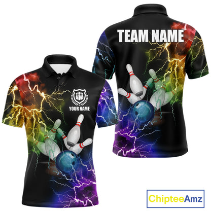 Colorful rainbow thunder lightning bowling team jersey polo shirt for men featuring vibrant multicolor lightning artwork, premium custom bowling league apparel for tournaments, league play and competitive bowling teams.