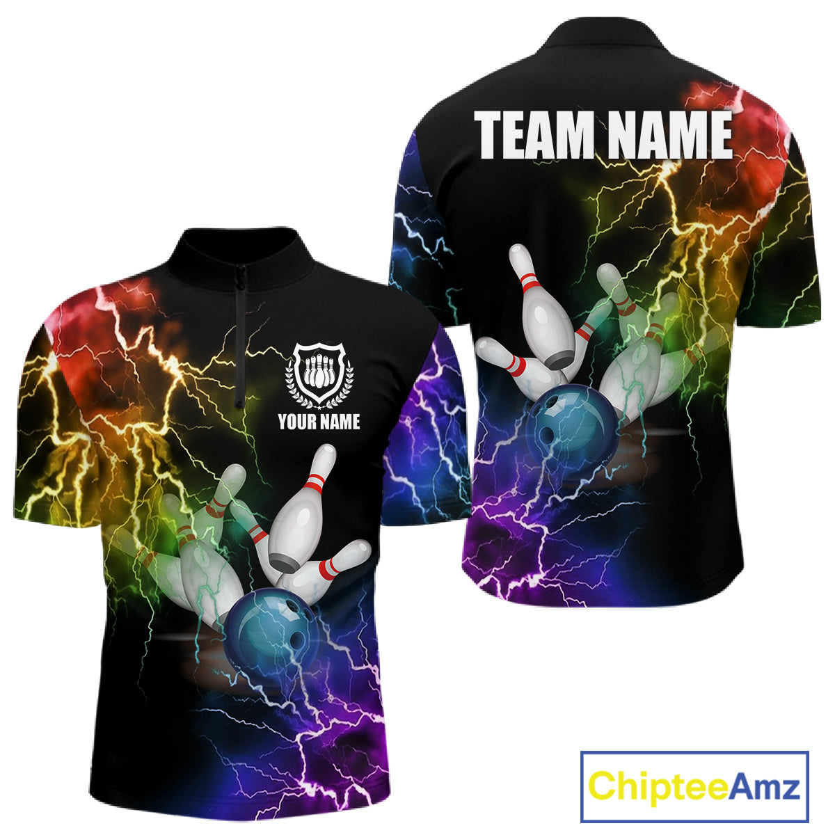 Colorful rainbow thunder lightning bowling team jersey quarter zip shirt for men featuring vivid thunder lightning graphics, premium custom bowling league apparel.