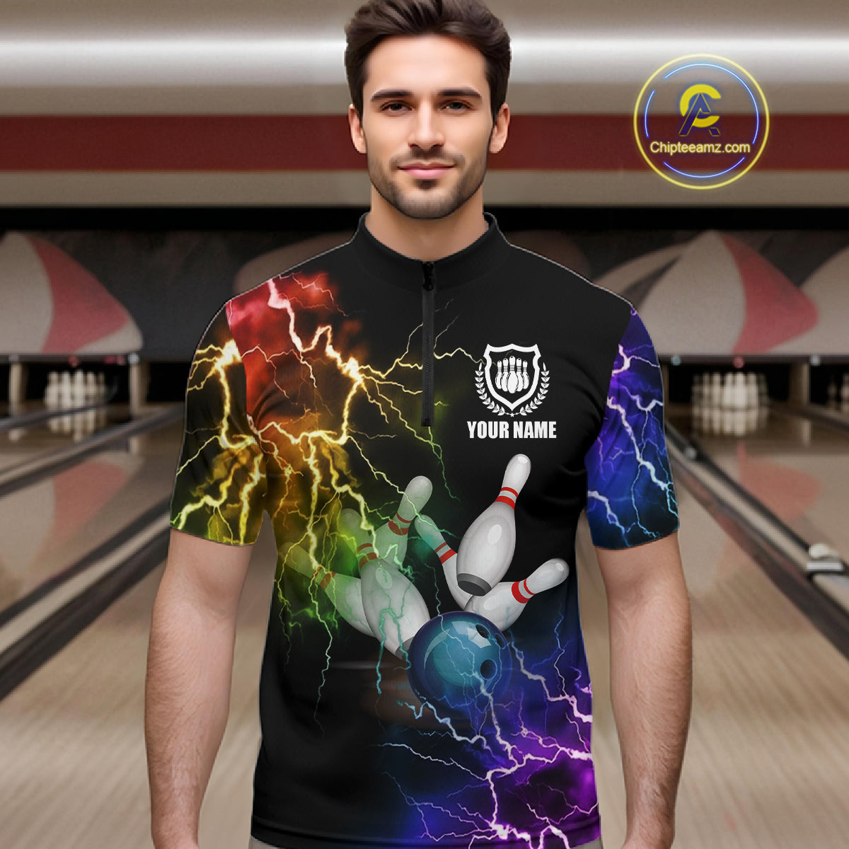 Man wearing colorful rainbow thunder lightning bowling team jersey quarter zip shirt featuring vibrant lightning artwork, front view.