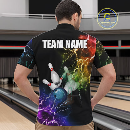 Man wearing colorful rainbow thunder lightning bowling team jersey quarter zip shirt featuring vibrant lightning artwork, back view.