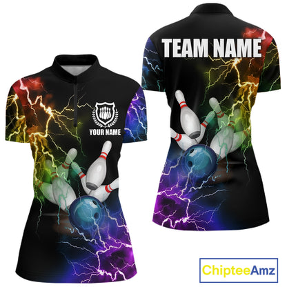 Colorful rainbow thunder lightning bowling team jersey quarter zip shirt for women featuring vivid thunder lightning graphics, premium custom bowling league apparel.
