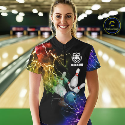 Woman wearing colorful rainbow thunder lightning bowling team jersey polo shirt featuring vibrant lightning artwork, back view.