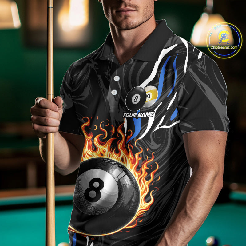 Personalized 8 Ball & 9 Ball Fire Flame Men Billiard Shirt, Billiard Jersey For Team Pooler |Blue TDM5209