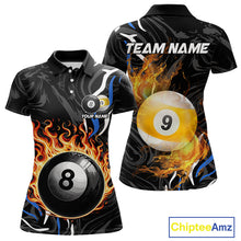 Load image into Gallery viewer, Personalized 8 Ball &amp; 9 Ball Fire Flame Women Billiard Shirt, Billiard Jersey For Team Pooler |Blue TDM5209