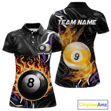 Load image into Gallery viewer, Personalized 8 Ball &amp; 9 Ball Fire Flame Women Billiard Shirt, Billiard Jersey For Team Pooler|Purple TDM5210