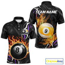 Load image into Gallery viewer, Personalized 8 Ball &amp; 9 Ball Fire Flame Men Billiard Shirt, Billiard Jersey For Team Pooler|Purple TDM5210