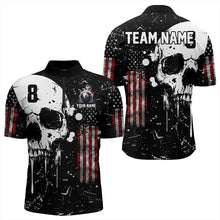 Load image into Gallery viewer, Black Grunge Skull American Flag Men Billiard Polo, Quarter Zip Custom Patriotic Billiard Jersey TDM3232