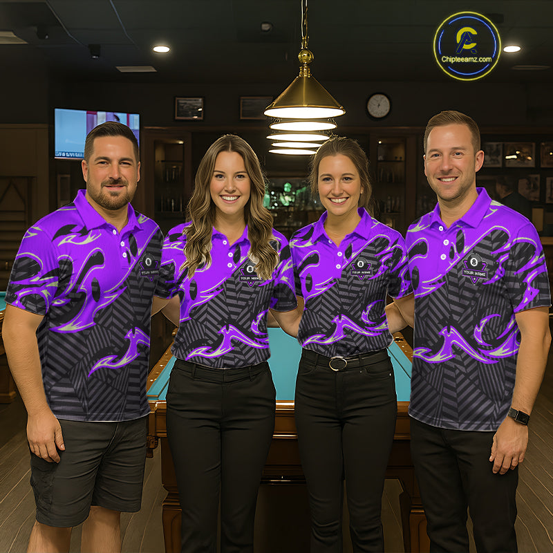 Custom Black Purple 8 Ball Tribal Flame Billiard Shirt For Women, Pool Team Jersey Polo & 1/4 Zip TDM5723