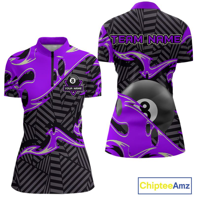 Custom Black Purple 8 Ball Tribal Flame Billiard Shirt For Women, Pool Team Jersey Polo & 1/4 Zip TDM5723