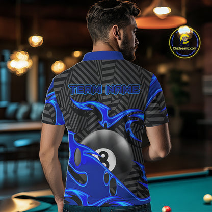 Custom Black And Blue 8 Ball Tribal Flame Billiard Shirt For Men, Pool Team Jersey Polo & 1/4 Zip TDM5724