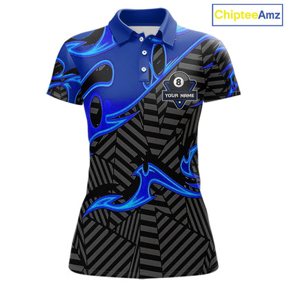 Custom Black And Blue 8 Ball Tribal Flame Billiard Shirt For Women, Pool Team Jersey Polo & 1/4 Zip TDM5724