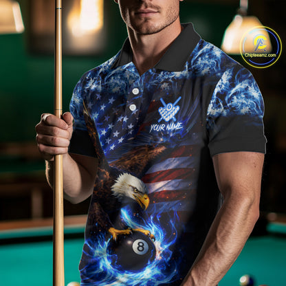 Blue Flaming Eagle 8 Ball Pool Billiard Shirt For Men Custom American Flag Billiard Team Jersey TDM5727
