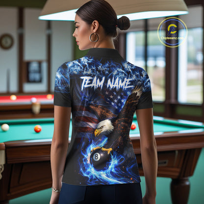 Blue Flaming Eagle 8 Ball Pool Billiard Shirt For Women Custom American Flag Billiard Team Jersey TDM5727
