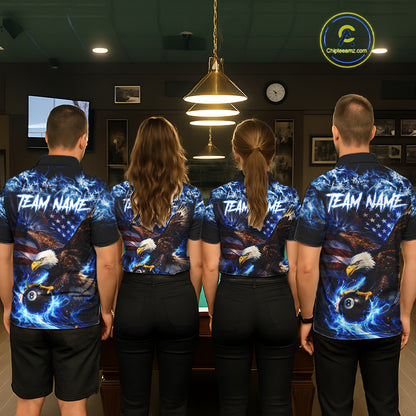 Blue Flaming Eagle 8 Ball Pool Billiard Shirt For Women Custom American Flag Billiard Team Jersey TDM5727