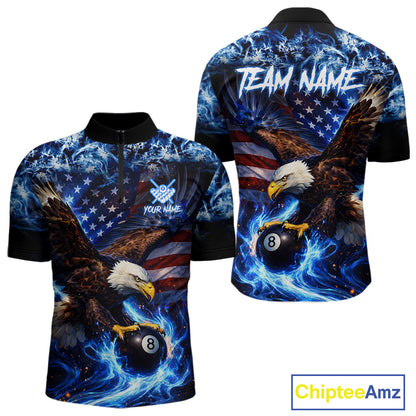 Blue Flaming Eagle 8 Ball Pool Billiard Shirt For Men Custom American Flag Billiard Team Jersey TDM5727