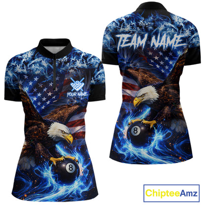 Blue Flaming Eagle 8 Ball Pool Billiard Shirt For Women Custom American Flag Billiard Team Jersey TDM5727