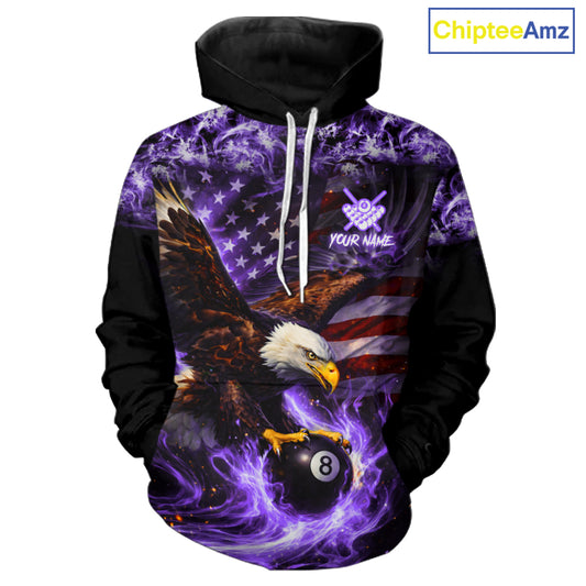 Purple Flaming Eagle 8 Ball Pool Hoodie For Men And Women Custom American Flag Billiard Hoodie TDM5728