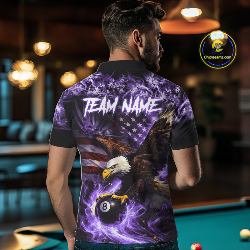 Purple Flaming Eagle 8 Ball Pool Billiard Shirt For Men Custom American Flag Billiard Team Jersey TDM5728