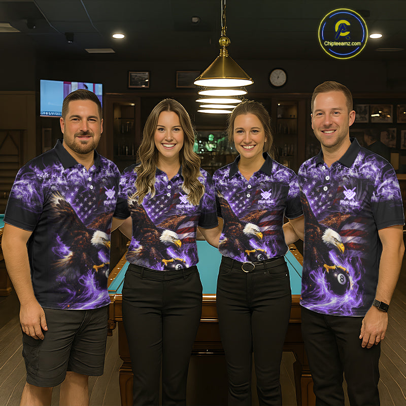 Purple Flaming Eagle 8 Ball Pool Billiard Shirt For Men Custom American Flag Billiard Team Jersey TDM5728