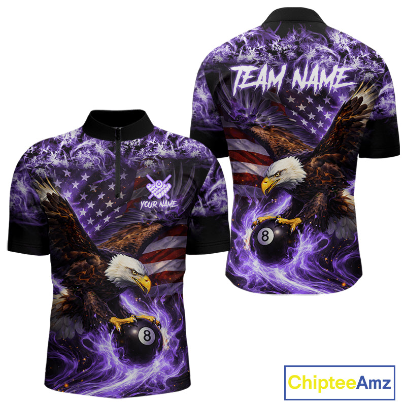 Purple Flaming Eagle 8 Ball Pool Billiard Shirt For Men Custom American Flag Billiard Team Jersey TDM5728