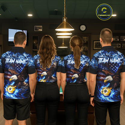 Blue Flaming Eagle 8 Ball 9 Ball Pool Billiard Shirt For Men Custom American Flag Billiard Jersey TDM5729