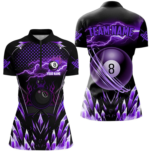 Custom Purple Icy Lightning 8 Ball Pool Women Quarter-Zip Shirt, Billiard Team League Jersey TDM1444