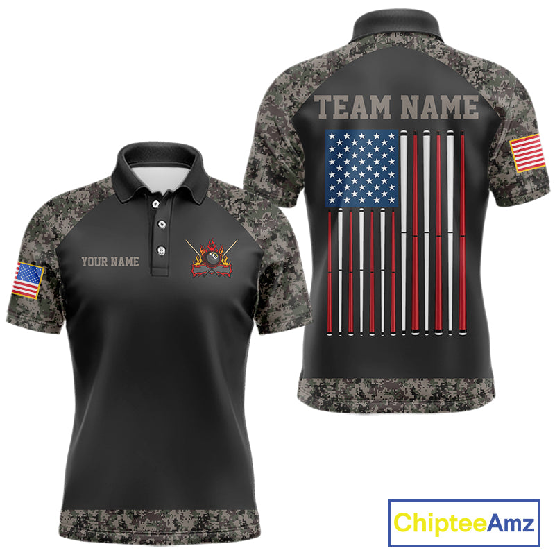 Personalized Retro Camo US Flag Billiard Shirt For Men, 8 Ball Pool Team Jersey Polo & 1/4 Zip TDM6336