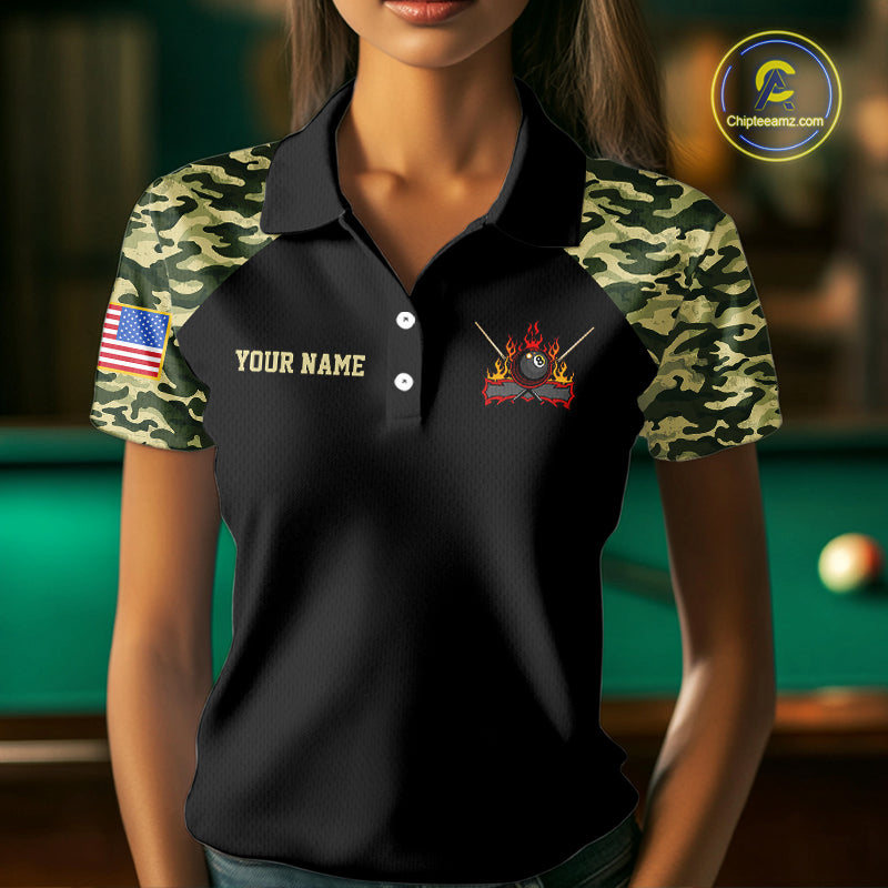 Personalized Green Camo US Flag Billiard Shirt For Women Custom Pool Team Jersey Polo & 1/4 Zip TDM6337