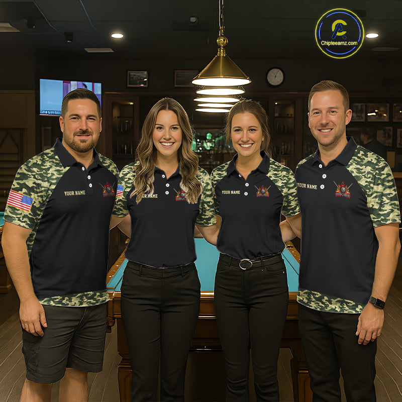 Personalized Green Camo US Flag Billiard Shirt For Women Custom Pool Team Jersey Polo & 1/4 Zip TDM6337