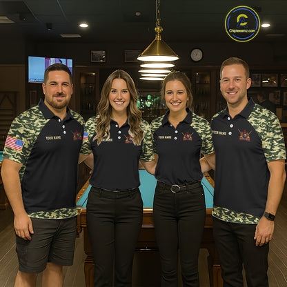 Personalized Green Camo US Flag Billiard Shirt For Women Custom Pool Team Jersey Polo & 1/4 Zip TDM6337