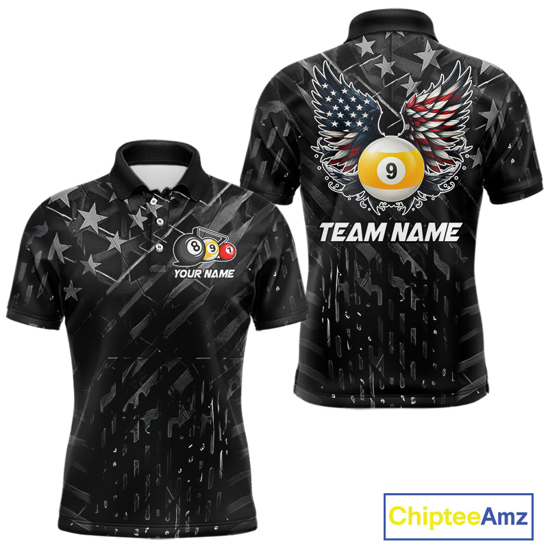 Black US Flag 9 Ball Pool Wings Billiard Shirt For Men Custom Billiard Team Jersey Polo & 1/4 Zip TDM6340