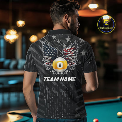 Black US Flag 9 Ball Pool Wings Billiard Shirt For Men Custom Billiard Team Jersey Polo & 1/4 Zip TDM6340