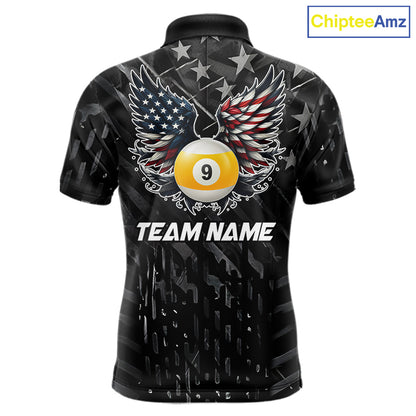 Black US Flag 9 Ball Pool Wings Billiard Shirt For Men Custom Billiard Team Jersey Polo & 1/4 Zip TDM6340