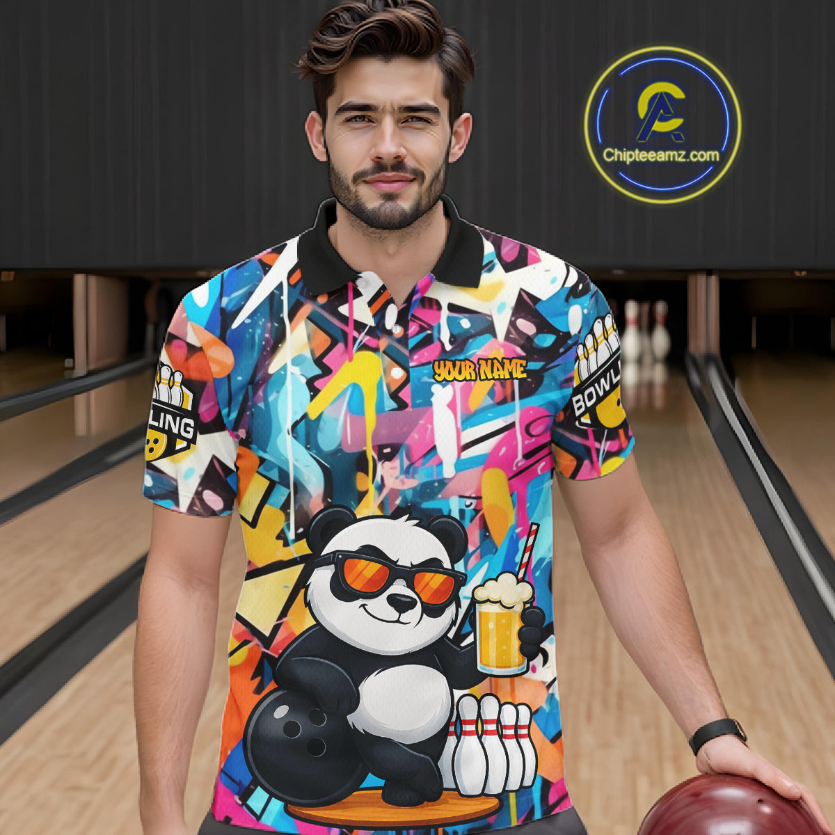 Funny Panda Colorful Graffiti Bowling Shirts For Men, Best Bowling Team Jersey Polo & 1/4 Zip TDM6511