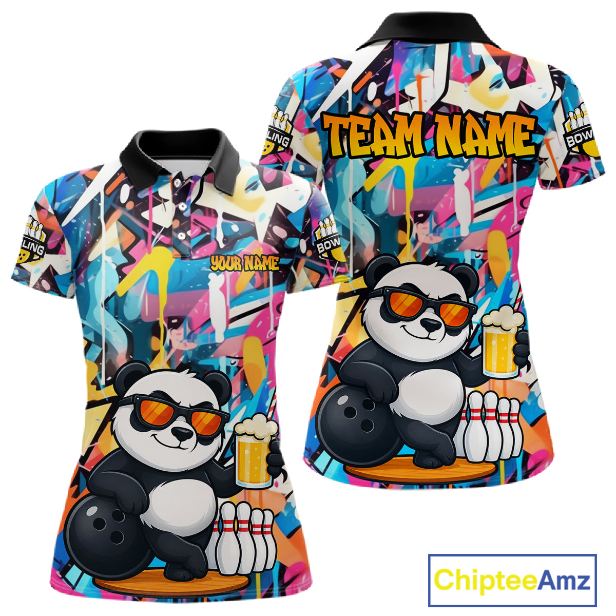 Funny Panda Colorful Graffiti Bowling Shirts For Women, Best Bowling Team Jersey Polo & 1/4 Zip TDM6511