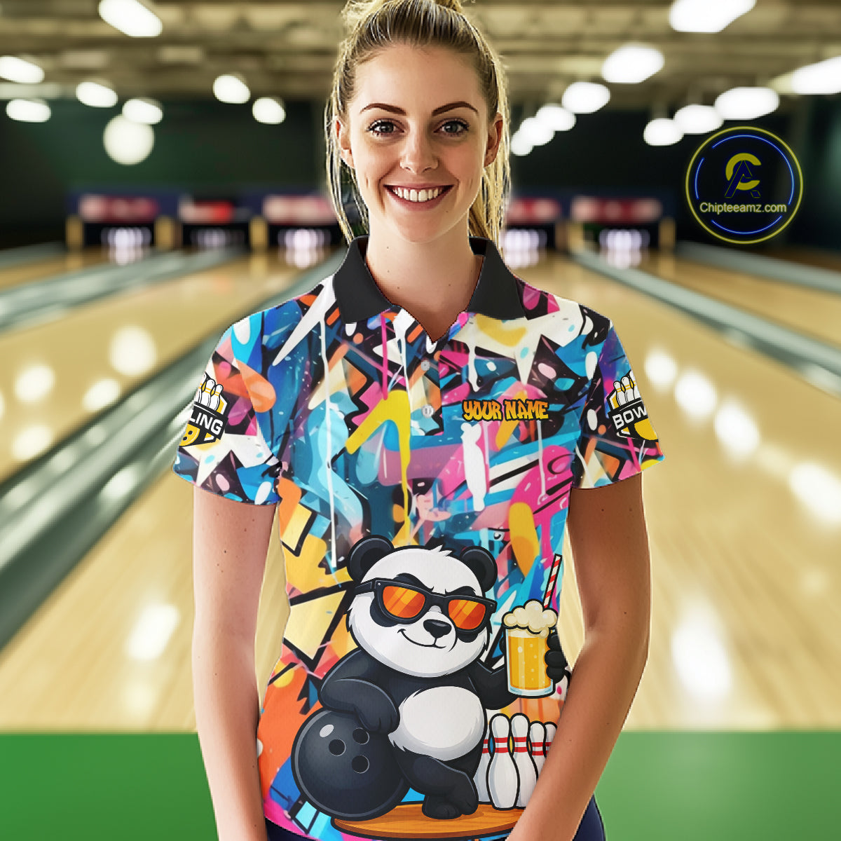 Funny Panda Colorful Graffiti Bowling Shirts For Women, Best Bowling Team Jersey Polo & 1/4 Zip TDM6511