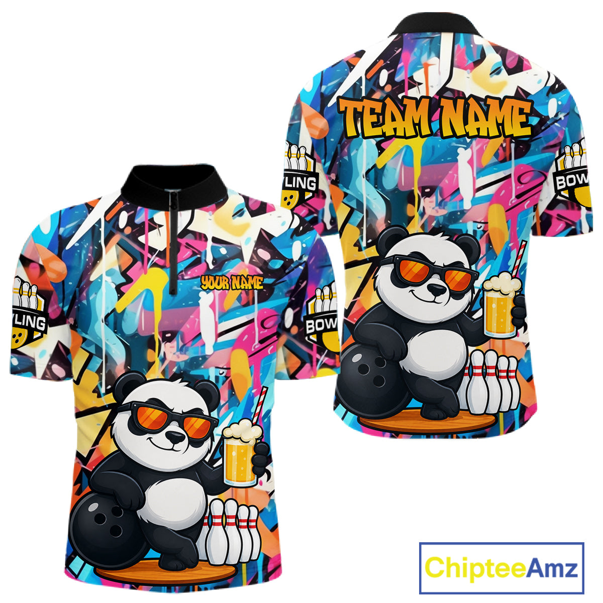Funny Panda Colorful Graffiti Bowling Shirts For Men, Best Bowling Team Jersey Polo & 1/4 Zip TDM6511
