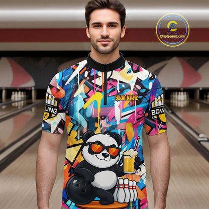 Funny Panda Colorful Graffiti Bowling Shirts For Men, Best Bowling Team Jersey Polo & 1/4 Zip TDM6511