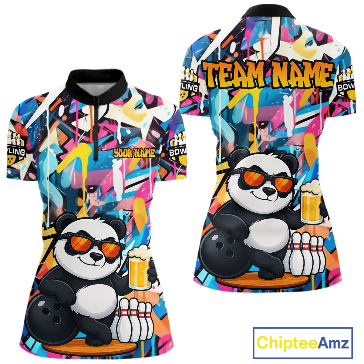 Funny Panda Colorful Graffiti Bowling Shirts For Women, Best Bowling Team Jersey Polo & 1/4 Zip TDM6511