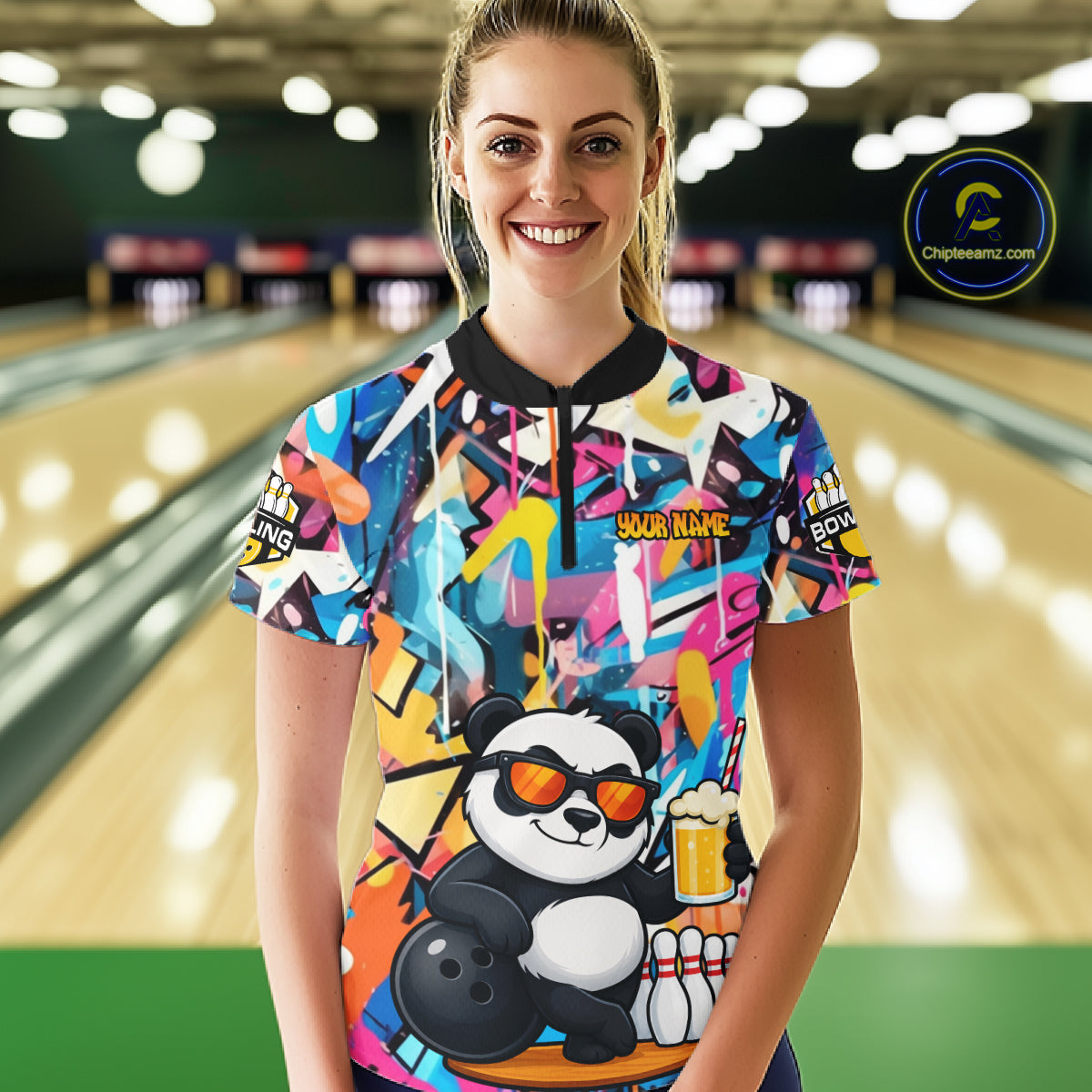 Funny Panda Colorful Graffiti Bowling Shirts For Women, Best Bowling Team Jersey Polo & 1/4 Zip TDM6511