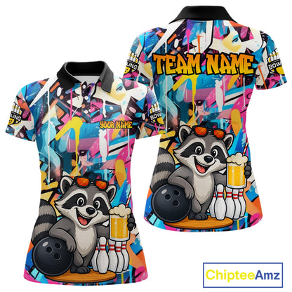 Funny Raccoon Colorful Graffiti Bowling Shirts For Women, Best Bowling Team Jersey Polo & 1/4 Zip TDM6512
