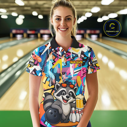 Funny Raccoon Colorful Graffiti Bowling Shirts For Women, Best Bowling Team Jersey Polo & 1/4 Zip TDM6512
