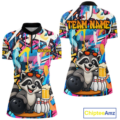 Funny Raccoon Colorful Graffiti Bowling Shirts For Women, Best Bowling Team Jersey Polo & 1/4 Zip TDM6512