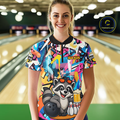 Funny Raccoon Colorful Graffiti Bowling Shirts For Women, Best Bowling Team Jersey Polo & 1/4 Zip TDM6512