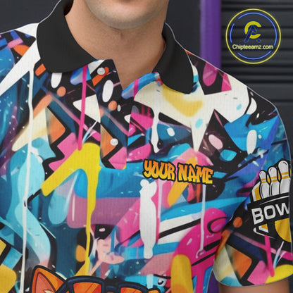 Funny Cat Colorful Graffiti Bowling Shirts For Men, Best Bowling Team Jersey Polo & 1/4 Zip TDM6513