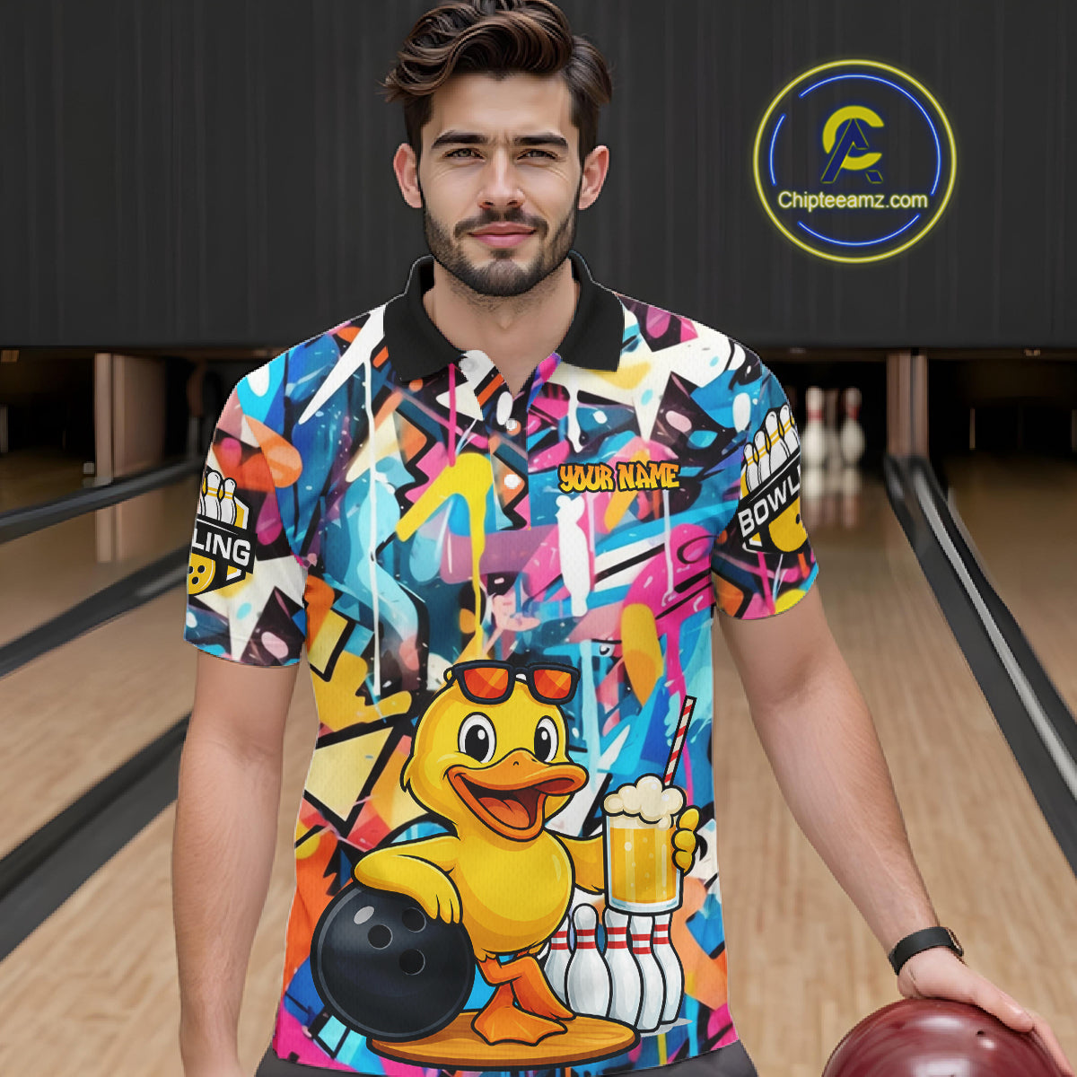 Funny Duck Colorful Graffiti Bowling Shirts For Men, Best Bowling Team Jersey Polo & 1/4 Zip TDM6514
