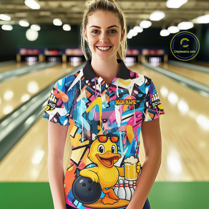 Funny Duck Colorful Graffiti Bowling Shirts For Women, Best Bowling Team Jersey Polo & 1/4 Zip TDM6514